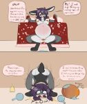 2026 ahoge anthro areola artemis_(breedoodles) belly_blush big_egg black_nose blush body_blush bottomless breasts breedoodles clothed clothing crouching digital_drawing_(artwork) digital_media_(artwork) egg eggnant english_description english_text female fur grabbing_sheets grey_body grey_fur grey_inner_ear_fluff hair hi_res humanoid_hands inner_ear_fluff lagomorph leaking_vagina leaning leaning_forward leg_markings leporid long_hair mammal markings mostly_nude_female mostly_nude_male navel nipples one_eye_closed open_mouth outie_navel oviposition pink_areola pink_nipples pink_tongue pregnant pregnant_anthro pregnant_female purple_hair rabbit red_eyes socks_(marking) solo speech_bubble tail talking_to_self text tongue topwear topwear_only tuft