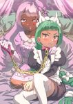  2girls absurdres animal_collar apron black_dress blush braid braided_ponytail brown_eyes chain clenched_teeth collar commentary_request dark-skinned_female dark_skin dress femdom frilled_apron frilled_headwear frills gloves green_hair highres jacinthe_(pokemon) lebanne_(pokemon) long_hair looking_at_another maid maid_apron maid_headdress multiple_girls on_bed open_mouth pink_dress pink_eyes pink_hair poco_w pokemon pokemon_legends:_z-a smile sweat teeth thighhighs white_apron white_gloves white_thighhighs yuri 