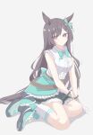  1girl animal_ears aqua_bow aqua_skirt bow breasts brown_hair center_frills commentary ear_bow frilled_shirt frills gloves green_bow hair_ornament highres horse_ears horse_girl horse_tail long_hair looking_at_viewer medium_breasts mejiro_dober_(off_the_line)_(umamusume) mejiro_dober_(umamusume) purple_eyes shirt simple_background sitting skirt sleeveless sleeveless_shirt socks solo tail tofu_thunder umamusume white_gloves white_shirt white_socks yokozuwari 