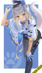  1girl absurdres animal_ears arm_up baton_(weapon) black_shorts blonde_hair blue_background blue_capelet blue_pantyhose blush border breasts capelet caution_tape commentary_request dog_ears dog_girl dog_tail feet_out_of_frame floppy_ears gloves gradient_hair green_eyes grey_hat grey_tail half_gloves hand_on_own_knee hat hat_tip highres holster id_card leaning_forward lips long_hair looking_at_viewer medium_breasts mugi_maccha multicolored_eyes multicolored_hair nijisanji nose_blush outside_border pantyhose pantyhose_under_shorts parted_lips paw_print peaked_cap quilted_capelet shioriha_ruri shioriha_ruri_(1st_costume) shirt short_sleeves shorts solo tail thigh_holster two-sided_capelet two-tone_eyes variant_set virtual_youtuber weapon white_border white_capelet white_gloves white_shirt yellow_eyes 