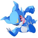  1:1 ambiguous_gender bandai_namco blue_body blue_skin clawed_feet digimon digimon_(species) fangs kujira0710 markings open_mouth red_eyes reptile scalie simple_background solo veemon white_background yellow_markings 