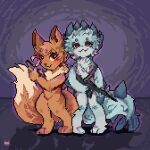 1:1 3_toes 4_fingers ambiguous_gender anthro black_nose blue_body blue_fur blush bow_ribbon brila brown_body brown_eyes brown_fur casualties:_unknown cheek_tuft chest_tuft cute_fangs digital_media_(artwork) duo eevee facial_tuft fangs feet female fingers fur generation_1_pokemon gun gunsaw gunsawian handgun horn inner_ear_fluff nintendo pale_fur paws pistol pixel_(artwork) pokemon pokemon_(species) ranged_weapon red_eyes rifle roza_(gunsawian) ruka_vaporeon teeth toes tuft weapon white_body white_fur