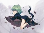  1girl absurdres ass black_dress black_shoes commentary curly_hair dress english_commentary full_body green_eyes green_hair highres long_sleeves medium_hair no_panties one-punch_man onimiere pelvic_curtain shoes side_slit solo tatsumaki 