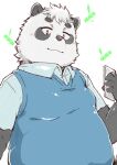  2021 anthro black_body black_fur black_nose blush cellphone clothing fur giant_panda hi_res humanoid_hands kemono male mammal phone sankakuma_ku shirt simple_background slightly_chubby smartphone solo sweater sweater_vest topwear ursid vest white_body white_fur 