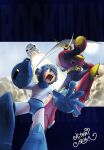  2boys android ariga_hitoshi arm_cannon armor artist_name belt black_bodysuit blue_armor blue_helmet bodysuit boomerang commentary duel english_commentary green_eyes helmet highres holding_boomerang letterboxed looking_at_another male_focus mega_man_(character) mega_man_(classic) mega_man_(series) mega_man_2 mega_man_megamix multiple_boys official_art outside_border quick_man red_armor red_helmet rocket smoke weapon yellow_belt 