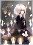  1girl absurdres black_kimono border candle character_name closed_mouth commentary_request copyright_name fatal_frame fatal_frame:_maiden_of_black_water floral_print flower_knot full_body gradient_background grey_background grey_border hair_ribbon hands_on_lap highres japanese_clothes kamiyamana kimono light_particles long_sleeves looking_ahead low-tied_sidelocks obi obijime print_kimono red_eyes red_ribbon redrawn ribbon sash seiza shiragiku_(fatal_frame) short_hair_with_long_locks sidelocks sitting solo tassel translation_request transparent_border twitter_username white_hair wide_sleeves 