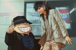  2boys black_hair black_hat black_jacket blue_vest collarbone crossover fat fat_man fedora grey_shirt grin hand_up haraya_manawari hat highres injury itou_kaiji jacket lapels long_hair male_focus moguro_fukuzou multiple_boys open_clothes open_jacket pants shirt smile smoke spiked_hair standing tobaku_mokushiroku_kaiji vest warau_salesman yellow_pants 