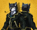 2021 anthro black_body black_clothing black_fur canid canine canis clothing discordnight_(artist) eyewear fur glasses hi_res male mammal simple_background solo uniform white_body white_fur wolf yellow_background 