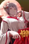  absurdres aguxxxuu bell chainsaw_man commentary death_devil_(chainsaw_man) earrings english_commentary eyelashes fami_(chainsaw_man) finger_to_own_chin fox_mask highres jewelry jingle_bell kagura_suzu long_sleeves looking_at_viewer mask mole mole_on_cheek mole_under_eye mole_under_mouth moon night pink_eyes red_eyes red_moon red_skirt ribbon ribbon_trim ringed_eyes sidelocks skirt tassel tassel_earrings 