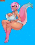  absurd_res animal_humanoid big_breasts blue_background breasts cleavage clothed clothing dongitos dragon dragon_humanoid female hi_res huge_breasts humanoid sharp_teeth simple_background smile solo teeth thick_thighs 