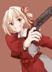  1girl belt blonde_hair brown_eyes commentary english_commentary finger_on_trigger gun hair_ribbon handgun harurushi highres holding holding_gun holding_weapon long_sleeves lycoris_recoil lycoris_uniform nishikigi_chisato one_eye_closed open_mouth red_belt red_eyes red_ribbon ribbon short_hair simple_background solo weapon 