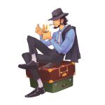  1boy absurdres beard belt belt_buckle black_belt black_hair black_hat black_jacket black_pants black_shoes blue_shirt buckle cigarette commentary_request covered_eyes facial_hair fedora fire full_body gun handgun hat hat_over_eyes highres holding holding_lighter jacket jigen_daisuke lighter long_sideburns long_sleeves lupin_iii male_focus necktie pants portuguese_commentary shirt shoes short_hair sideburns simple_background sitting smith_&amp;_wesson smith_&amp;_wesson_model_19 socks solo suitcase tie_clip unworn_jacket vinutun weapon white_background white_necktie white_socks 
