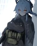  1girl b&amp;t_apc bodysuit breasts commentary_request grey_hair gun hair_between_eyes handgun highres holding holding_gun holding_weapon impossible_bodysuit impossible_clothes impossible_leotard leotard long_hair m004_(natsukaze_shigure) natsukaze_shigure orange_eyes original skin_tight solo submachine_gun weapon 