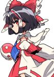  1girl absurdres ascot black_hair blue_ascot bow chest_sarashi closed_mouth commentary_request cone_horns detached_sleeves frilled_bow frills from_side gohei hair_bow hair_tubes hakurei_reimu highres holding holding_gohei horns if_they_mated kijin_seija looking_at_viewer multicolored_hair natsu_(tohotiara) orb red_bow red_skirt red_streaks ribbon-trimmed_sleeves ribbon_trim sarashi short_hair simple_background single_horn skirt skirt_set small_horns solo story_in_commentary streaked_hair touhou white_background white_horns white_streaks yin_yang yin_yang_orb 