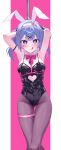  1girl :q absurdres ahoge animal_ear_hairband animal_ears arm_strap armpits arms_behind_head arms_up bare_arms bare_shoulders black_leotard black_pantyhose blue_eyes blue_hair bow bowtie breasts closed_mouth clothing_cutout commentary_request cutout_above_navel detached_collar dot_nose double-parted_bangs fake_animal_ears feet_out_of_frame hair_ornament hairband hatsune_miku heart heart-shaped_pupils heart_cutout heart_in_eye highres leotard light_blush looking_at_viewer medium_breasts medium_hair necktie official_alternate_costume outside_border pantyhose pillarboxed pink_background pink_bow pink_bowtie pink_necktie pink_pupils pita_39 playboy_bunny pole rabbit_ear_hairband rabbit_ears rabbit_hair_ornament rabbit_hole_(vocaloid) short_necktie simple_background skin_tight smile solo standing straight-on symbol-shaped_pupils symbol_in_eye thigh_gap thigh_strap tongue tongue_out twintails vocaloid white_hairband x_hair_ornament 