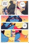  &lt;3 absurd_res anthro black_body black_fur blue_body blue_fur blush bodily_fluids bulge comic dialogue drooling duo english_text eyewear fur glasses half-closed_eyes hi_res kissing kneeling legendary_pok&eacute;mon lucario male male/male moan narrowed_eyes nintendo pok&eacute;mon pok&eacute;mon_(species) red_eyes rookie_bear saliva saliva_string text tongue tongue_out urshifu video_games white_body white_fur 