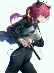  1girl absurdres advarcher black_jacket black_necktie black_pants blush breasts closed_mouth collared_shirt commentary gun halo handgun high-waist_pants highres holding holding_gun holding_weapon hololive hololive_english horns irys_(hololive) jacket long_hair medium_breasts multicolored_hair necktie open_clothes open_jacket pants pointy_ears purple_eyes purple_hair red_hair shirt simple_background smoke smoking_barrel solo suppressor virtual_youtuber walther_ppk weapon white_shirt 