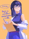 1girl artist_name belt blue_pants breasts clipboard coat colored_inner_hair commentary_request commission cowboy_shot english_text glasses grey-framed_eyewear half_updo highres holding holding_clipboard holding_pencil jewelry lab_coat long_hair long_sleeves looking_to_the_side mechanical_pencil mohumohu_owl multicolored_hair necklace open_clothes open_coat open_mouth original pants pencil purple_eyes purple_hair purple_sweater red_belt ribbed_sweater round_eyewear sidelocks simple_background single_bare_shoulder single_off_shoulder skeb_commission sleeveless sleeveless_sweater small_breasts solo speech_bubble standing sweater turning_head turtleneck turtleneck_sweater white_coat yellow_background 