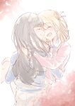  2girls absurdres black_hair blonde_hair blue_dress blue_ribbon blush carrying closed_eyes closed_mouth dress flower hair_ribbon hand_on_another's_shoulder highres inoue_takina long_hair lycoris_recoil lycoris_uniform multiple_girls neck_ribbon nishikigi_chisato one_side_up open_mouth princess_carry red_dress red_flower red_ribbon ribbon short_hair smile yeahuzen167 yuri 