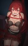  1girl absurdres arms_behind_back black_bra bound bra breasts clenched_teeth cloth_gag collarbone commentary eris_greyrat gag gagged highres improvised_gag long_hair looking_at_viewer medium_breasts mushoku_tensei navel open_mouth pleated_skirt ponytail red_eyes red_hair restrained sitting skindentation skirt solo stomach sweat teeth tetsuffy_(tetsulul) underwear very_long_hair 