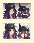  2girls animal_ears black_hair blush breasts brown_hair chikasada_tsukino closed_mouth collarbone commentary_request dress ear_covers ears_through_headwear fenomeno_(gold-triumph)_(umamusume) fenomeno_(umamusume) flipped_hair gold_choker hair_between_eyes hand_puppet hat hibi_yuriko highres horse_ears horse_girl long_hair marche_lorraine_(gold-triumph)_(umamusume) marche_lorraine_(umamusume) mismatched_ear_covers multicolored_hair multiple_girls official_alternate_costume puppet purple_eyes sikgoisikst smile umamusume upper_body voice_actor_connection 