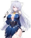  1girl ascot blue_dress breasts cleavage clothing_cutout commentary_request dress folded_fan folding_fan hair_over_one_eye hand_fan highres holding holding_fan large_breasts mole mole_under_mouth pointy_ears purple_eyes samon_(vxxr8575) shoulder_cutout signature simple_background solo thighhighs velina_airgid white_background white_hair white_thighhighs yellow_ascot zenless_zone_zero 