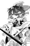  1girl absurdres bow closed_mouth commentary_request cone_horns detached_sleeves frilled_bow frilled_hair_tubes frilled_skirt frills gohei greyscale hair_tubes hakurei_reimu highres horns if_they_mated kijin_seija looking_at_viewer monochrome multicolored_hair natsu_(tohotiara) ribbon-trimmed_sleeves ribbon_trim short_hair single_horn skirt small_horns smile solo story_in_commentary streaked_hair touhou 