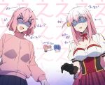  2girls @_@ amaori_renako black_gloves black_skirt blue_eyes bocchi_the_rock! bow bowtie breasts cleavage commentary_request cosplay crossover cube_hair_ornament gloves gotoh_hitori gotoh_hitori_(cosplay) gotoh_hitori_(tsuchinoko) gradient_background hair_ornament highres jacket large_breasts long_hair multiple_girls neruyuribear pink_hair pink_jacket pink_skirt purple_eyes red_bow red_bowtie shaded_face shirt short_hair skirt sweat track_jacket translation_request watashi_ga_koibito_ni_nareru_wake_naijan_murimuri! white_background white_shirt 
