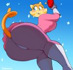  anthro big_butt blaster blue_background blue_eyes blush butt clothing domestic_cat dress felid feline felis female hi_res leggings legwear lilly_(vimhomeless) looking_back low-angle_view mammal panties simple_background solo thick_thighs underwear upskirt vimhomeless yellow_body 