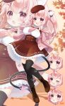  1girl :d black_tail black_thighhighs blush boots breasts brown_boots brown_dress brown_hat cat_tail cleavage_cutout clothing_cutout commentary_request different_zoom_layer dress frilled_dress frills full_body hair_between_eyes hat highres indie_virtual_youtuber jacket large_breasts leaf long_hair long_sidelocks long_sleeves looking_at_viewer mechanical_ears mechanical_tail momomo_felis multiple_views necktie one_side_up open_clothes open_jacket open_mouth paw_print pink_eyes pink_hair pink_jacket pink_necktie sen1986 short_dress sidelocks smile standing standing_on_one_leg tail thighhighs zettai_ryouiki zoom_layer 