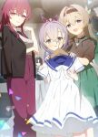  1boy 3girls absurdres alternate_costume aqua_skirt arm_under_breasts black_hair black_hairband black_jacket blade_(honkai:_star_rail) breasts brown_jacket clothes_hanger clothes_shop commentary_request crossed_bangs dress firefly_(honkai:_star_rail) gradient_hair green_hair grey_eyes grey_hair hair_ribbon hairband hand_up highres holding holding_unworn_clothes holding_unworn_dress honkai:_star_rail honkai_(series) indoors jacket jacket_on_shoulders kafka_(honkai:_star_rail) large_breasts long_hair looking_at_viewer multicolored_hair multiple_girls no_pupils open_mouth pants parted_lips ponytail purple_eyes purple_hair purple_pants rerute_(lerte_6) ribbon shirt silver_wolf_(honkai:_star_rail) skirt smile stellaron_hunters_(honkai:_star_rail) sunglasses unworn_dress white_dress white_pants white_shirt 