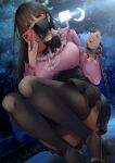  1girl black_bow black_bowtie black_hair black_mask black_thighhighs bow bowtie breasts brown_eyes cellphone choker commentary_request covered_mouth crescent_moon highres holding holding_phone jewelry jirai_kei konata_(kankin_jk) large_breasts long_hair long_sleeves looking_at_viewer mask mishiranu_joshikousei_ni_kankin_sareta_mangaka_no_hanashi moon mouth_mask night phone pink_shirt ring ryouma_(galley) shirt smartphone solo squatting thighhighs thighs 