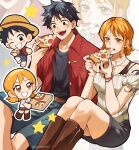  1boy 1girl alternate_costume alynomali bare_shoulders belt black_hair black_shirt black_shorts blue_shorts boots box bracelet breasts brown_boots brown_eyes casual chibi chibi_inset commentary eating feet_out_of_frame food hat highres holding holding_box holding_food holding_pizza jewelry knees medium_breasts monkey_d._luffy multiple_views nami_(one_piece) necklace off-shoulder_shirt off_shoulder one_eye_closed one_piece open_clothes open_mouth open_shirt orange_eyes orange_hair pearl_bracelet pizza pizza_slice red_shirt shirt short_hair shorts shoulder_tattoo single_sidelock sitting star_(symbol) straw_hat tattoo twitter_username untranslatable_commentary white_shirt 
