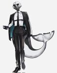  1boy :d animal_print aqua_jacket belt black_belt black_gloves black_jacket black_necktie black_pants black_shoes black_skin blue_eyes cetacean_tail chest_harness collared_shirt colored_eyelashes colored_skin commentary_request cross-laced_shoes dress_shoes ear_piercing earrings eyewear_on_head fins fish_print fish_tail full_body gloves gun hair_over_one_eye hand_on_own_hip handgun harness highres holster holstered jacket jacket_on_shoulders jewelry kanjou_x_jingai lapel_pin looking_at_viewer male_focus mochimoniko mullet necktie offering_hand orca_boy original pants piercing sharp_teeth shirt shoes shoulder_holster simple_background smile solo standing suit_jacket suit_pants sunglasses tail teeth tie_clip two-sided_fabric two-sided_jacket wallet_chain weapon white_background white_eyelashes white_eyeshadow white_hair white_shirt 