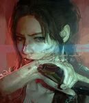  1girl absurdres airys_ooo artist_name blood blood_on_face brown_hair claire_redfield gun handgun highres holding holding_gun holding_weapon jacket ponytail red_jacket resident_evil resident_evil_-_code:_veronica resident_evil_veronica signature smile watermark weapon 