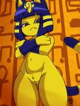  animal_crossing ankha_(animal_crossing) anthro convenient_censorship crossed_arms deathzera domestic_cat felid feline felis female frown genitals hi_res looking_at_viewer low-angle_view mammal nintendo nude pussy solo video_games 