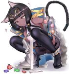  1girl ? absurdres animal_ears arknights black_hair black_shoes black_thighhighs blunt_bangs breasts candy cat_ears cat_girl cat_tail caution_tape commentary_request dark-skinned_female dark_skin food highres infection_monitor_(arknights) jacket looking_down shoes simple_background solo squatting tail tail_ornament tail_raised tail_ring thighhighs titi_(arknights) white_background xiwang_ni_kaixin_de_suo_suo_zi yellow_eyes 