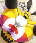 absurd_res antennae_(anatomy) anthro arthropod balls_outline bed bee big_bulge big_butt bottomwear bulge butt canada_day canadian_flag clothed clothing detailed_bulge dialogue digital_media_(artwork) english_text flag flag_clothing flag_print fur furniture genital_outline hectar_(soomir) hi_res holidays hymenopteran insect looking_at_viewer lying male maple_leaf multi_arm multi_limb on_back on_bed partially_clothed presenting presenting_hindquarters simple_background solo soomir suggestive suggestive_pose tail text underwear yellow_body