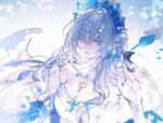 1girl anastasya_feodorovna_snezhnaya artist_name blue_eyes blurry chest_tattoo chinese_commentary closed_mouth commentary_request depth_of_field dress fur_trim genshin_impact gloves grey_hair hair_between_eyes hair_intakes hair_ornament head_tilt headdress highres iron_hailai leaning_to_the_side lofter_username long_hair looking_at_viewer solo tattoo wavy_hair white_gloves 