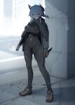  1girl absurdres b&amp;t_apc bodysuit commentary_request grey_hair gun hair_between_eyes handgun highres holding holding_gun holding_knife holding_weapon impossible_bodysuit impossible_clothes impossible_leotard knife leotard long_hair m004_(natsukaze_shigure) natsukaze_shigure orange_eyes original skin_tight solo submachine_gun thighs weapon 