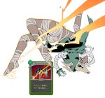  1girl ass backflip bandaged_foot bandaged_leg bandages bow braid breasts card cloak commentary_request dark-skinned_female dark_skin derivative_work gameplay_mechanics green_bow green_cloak highres mask official_art_redraw reference_inset sarashi simple_background skull_mask slay_the_spire slay_the_spire_2 small_breasts solo the_silent_(slay_the_spire) thousand_chimer white_background white_hair yellow_eyes 