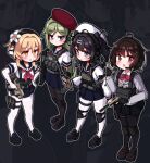  4girls ac130 ahoge ammunition_pouch beret black_hair black_pantyhose black_shoes blonde_hair blue_eyes blue_sailor_collar blue_skirt blush bow bowtie brown_eyes brown_hair brown_shoes bulletproof_vest collared_shirt double-parted_bangs dress_shirt elbow_gloves finger_counting fingerless_gloves flower flux_raider full_body gloves green_hair grey_jacket gun h&amp;k_usp hair_between_eyes hair_flower hair_ornament hairclip handgun hat headphones headset holding holding_gun holding_radio holding_weapon jacket knee_pads loafers long_sleeves looking_at_another looking_at_object looking_at_viewer miniskirt multiple_girls neckerchief open_mouth orange_eyes original outline pantyhose parted_bangs pleated_skirt pouch pout purple_eyes red_bow red_bowtie red_hat red_neckerchief sailor_collar school_uniform serafuku shirt shoes sidelocks sig_mpx sig_sauer sig_sauer_p320 skirt standing submachine_gun suppressor tactical_clothes tactical_school_uniform thigh_strap weapon white_flower white_gloves white_hat white_outline white_pantyhose white_shirt zoom_layer 