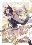 1girl animal_ears arknights black_hair black_shoes blunt_bangs breasts building cat cat_ears cat_girl caution_tape chinese_commentary cloud commentary_request dark-skinned_female dark_skin highres holding holding_staff infection_monitor_(arknights) jacket long_hair looking_at_viewer mio_(beast_lord)_(arknights) puyue shoes sky sleeves_past_fingers sleeves_past_wrists staff tail tail_ornament tail_ring titi_(arknights) yellow_sky 