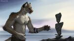  16:9 2020 5_fingers anthro bottomwear brown_body brown_fur clothed clothing cougar felid feline fingers fur geewolf hi_res holding_object male mammal outside rock solo topless widescreen 