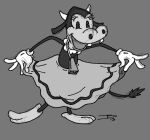  anthro bell black_body black_eyes black_fur bottomwear bovid bovine bowing cattle clarabelle_cow clothed clothing clothing_lift cowbell curtsy disney eyelashes female fur gloves grey_background handwear happy holding_object horn looking_at_viewer low_res mammal partially_clothed retro signature simple_background skirt skirt_lift smile solo standing toony unknown_artist white_body white_fur 