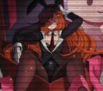  1girl animal_ear_hairband animal_ears black_jacket black_leotard box brown_pantyhose commentary_request detached_collar fake_animal_ears freckles green_eyes hairband hno3san in_box in_container ishmael_(project_moon) jacket leotard limbus_company long_hair looking_at_viewer necktie orange_hair pantyhose parted_lips playboy_bunny project_moon rabbit_ear_hairband rabbit_ears red_necktie sidelocks solo too_many_watermarks very_long_hair watermark watermark_grid 