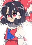  1girl absurdres ascot black_hair blue_ascot bow chest_sarashi closed_mouth commentary_request cone_horns detached_sleeves frilled_bow frills hair_between_eyes hair_bow hair_tubes hakurei_reimu highres horns if_they_mated kijin_seija looking_at_viewer medium_hair multicolored_hair natsu_(tohotiara) red_bow red_eyes red_skirt red_streaks sarashi simple_background single_horn skirt skirt_set small_horns solo story_in_commentary streaked_hair touhou white_background white_horns white_streaks 