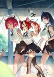  3girls animal_ear_fluff animal_ear_piercing animal_ears armpits bag black_hair black_skirt black_streaks bloom_(irys) blue_eyes boros_(ouro_kronii) bow bra bra_peek breasts colored_inner_hair commentary demon_horns double-parted_bangs english_commentary frilled_shirt frills gloom_(irys) hair_between_eyes hakos_baelz halo heterochromia highres holding holding_phone hololive hololive_english holopromise horns irys_(hololive) large_breasts long_pointy_ears medium_breasts medium_hair mouse_ears mouse_tail mr._squeaks_(hakos_baelz) multicolored_hair multiple_girls nail_polish open_mouth ouro_kronii padoruu phone pink_hair pleated_skirt pointy_ears red_hair school_uniform sharp_teeth shirt short_hair shoulder_bag skirt sleeveless sleeveless_shirt smile streaked_hair tail tail_bow tail_ornament teeth thighhighs thighs tree twintails underwear uneven_twintails virtual_youtuber w white_hair white_shirt wristband yatagarasu_(tsukumo_sana) 