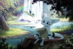  2020 3_toes 4_fingers anthro biped blue_eyes clothing detailed_background dragon duo feet feral fingers fur holding_object minnow_(lemonynade) nude outside plant quadruped rainbow seyumei sitting toes tree waterfall white_body white_fur wings 