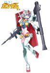  1girl bazooka_(gundam) beam_rifle breasts character_name commentary_request energy_gun finger_on_trigger full_body gundam highres holding holding_energy_gun holding_rocket_launcher holding_weapon humanization joints looking_at_viewer mecha_musume medium_breasts midriff mobile_suit_gundam navel parted_lips purple_hair revealing_clothes robot_joints rocket_launcher rx-78-2_gundam shield shield_on_back short_hair simple_background solo standing standing_on_one_leg v-fin weapon white_background yamany 